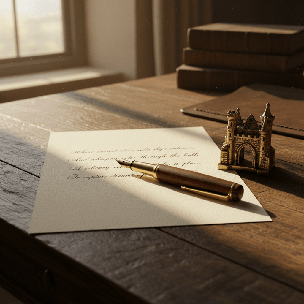 On a grand, weathered wooden writing desk reminiscent of an old castle study, a single sheet of thick, ivory writing paper bears a few lines of delicately handwritten verse in faded ink. An uncapped fountain pen with a dark lacquered barrel and gold nib lies diagonally across the page, a tiny ink droplet still glistening at the tip. To one side, a small, intricate brass castle figurine doubles as a paperweight. Warm, golden hour sunlight filters in from the left, brushing the desk’s grain and creating soft, elongated shadows. Captured from a close, slightly elevated angle with shallow depth of field, the image emphasizes texture and detail, evoking a refined, timeless, and sophisticated creative moment.